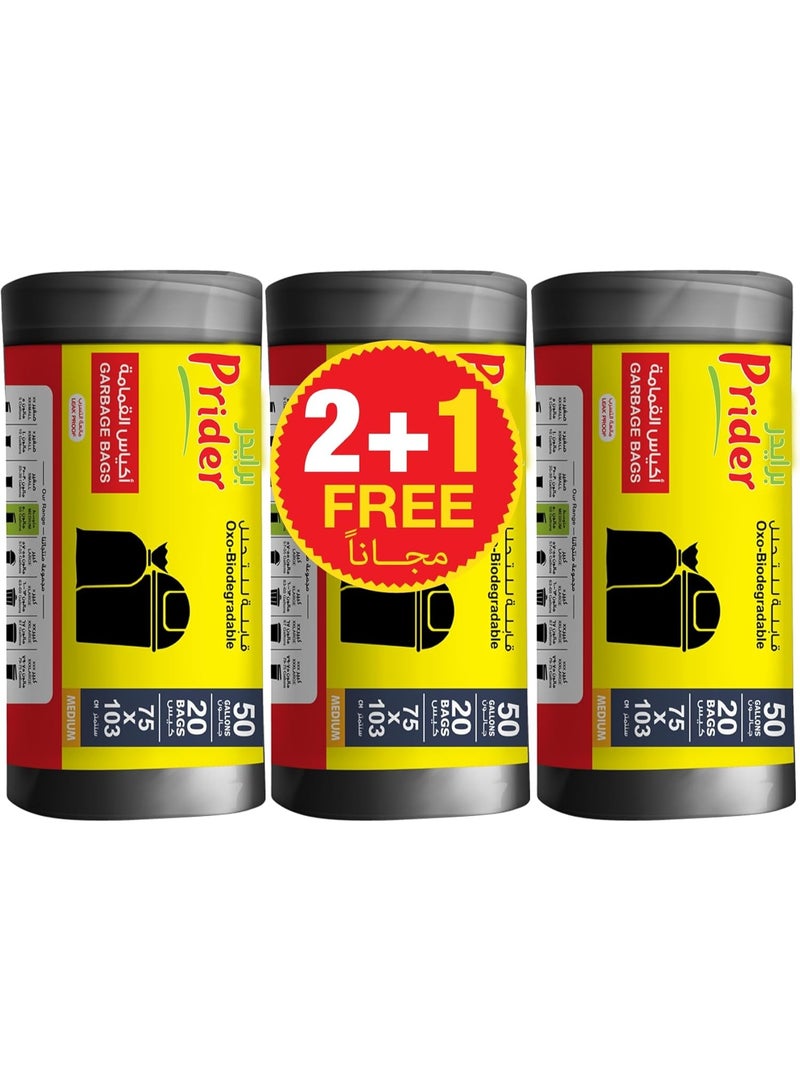 Prider, 50 Gallons Pack of 3, Black, 60 Garbage Bags, Size 75x103 cm, Trash Bags, Bin Liner, Waste Bags for Indoor and Outdoor Purposes - Image 1